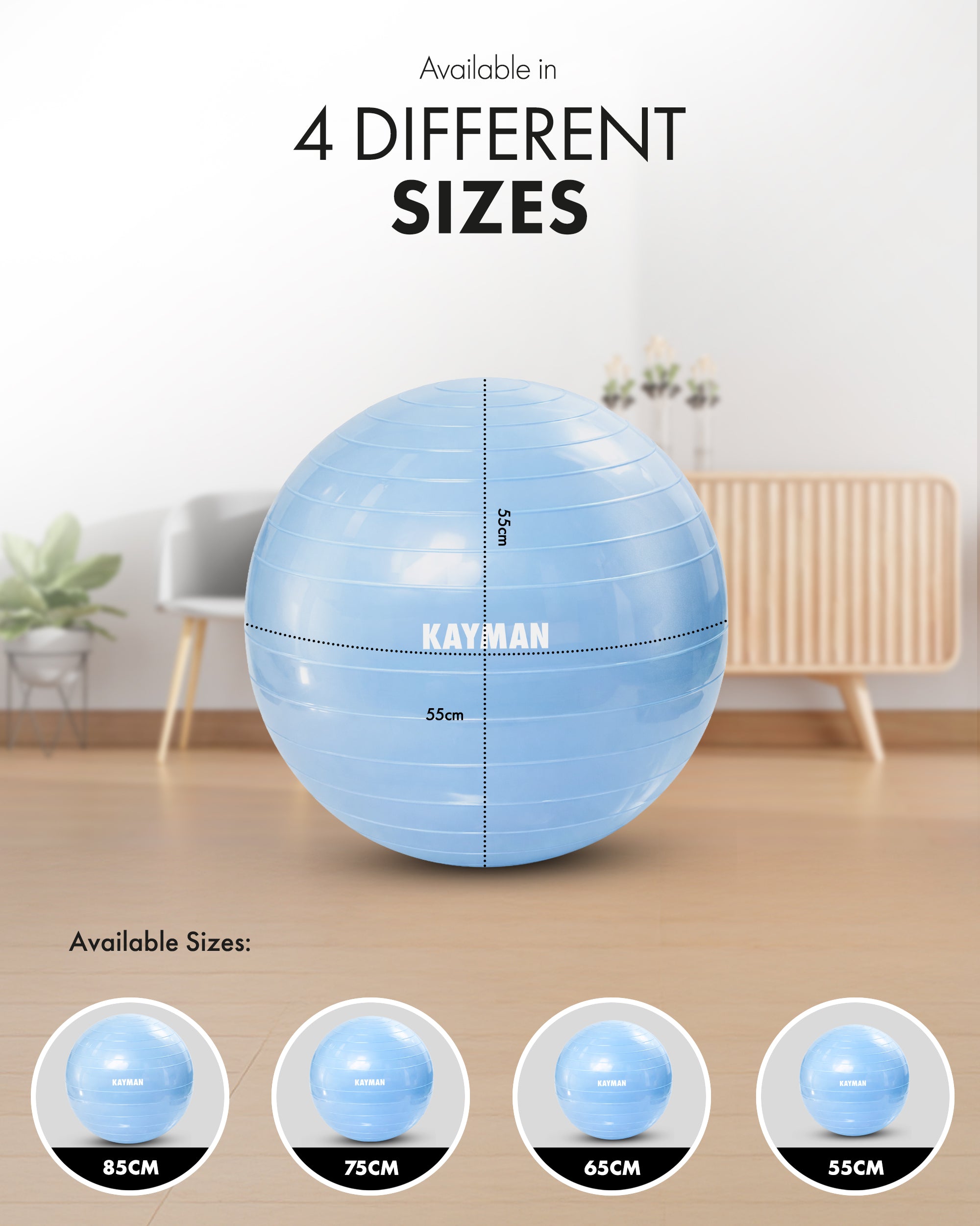 KAYMAN Exercise Ball - Anti-Burst System, Non-Slip Rings, Durable Material, Easy to Inflate, Ideal for Yoga, Pilates, Fitness, Balance Training, Gym, and Home Workouts