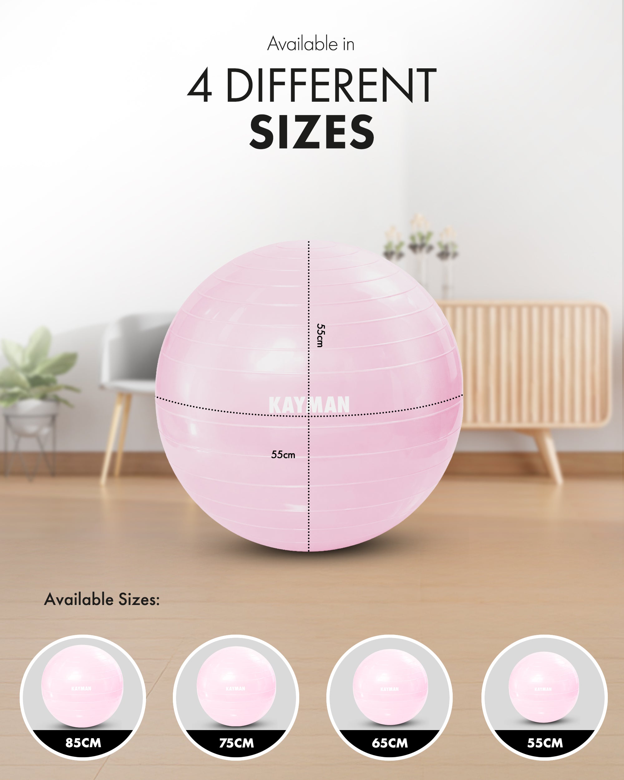 KAYMAN Exercise Ball - Anti-Burst System, Non-Slip Rings, Durable Material, Easy to Inflate, Ideal for Yoga, Pilates, Fitness, Balance Training, Gym, and Home Workouts