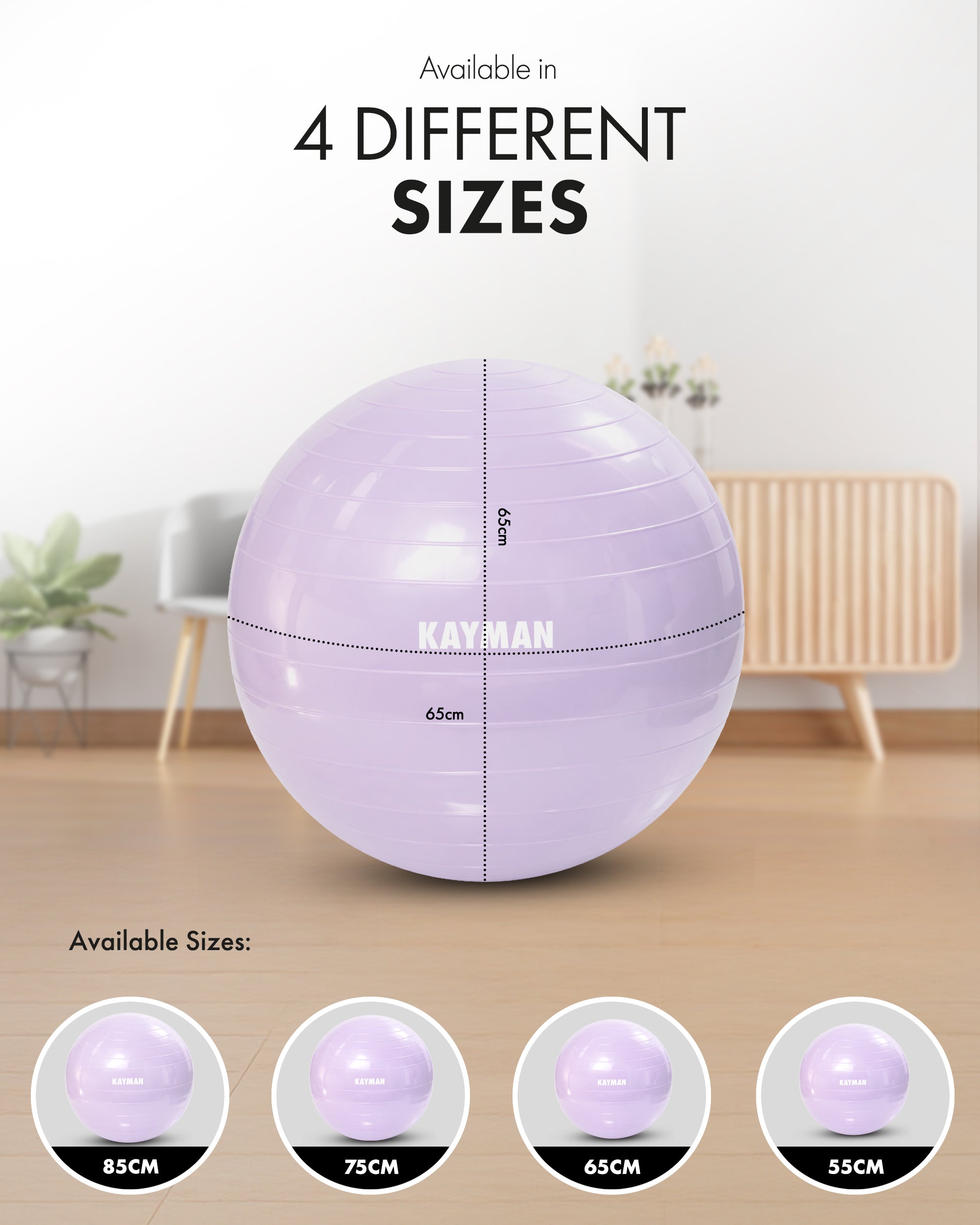 KAYMAN Exercise Ball - Anti-Burst System, Non-Slip Rings, Durable Material, Easy to Inflate, Ideal for Yoga, Pilates, Fitness, Balance Training, Gym, and Home Workouts