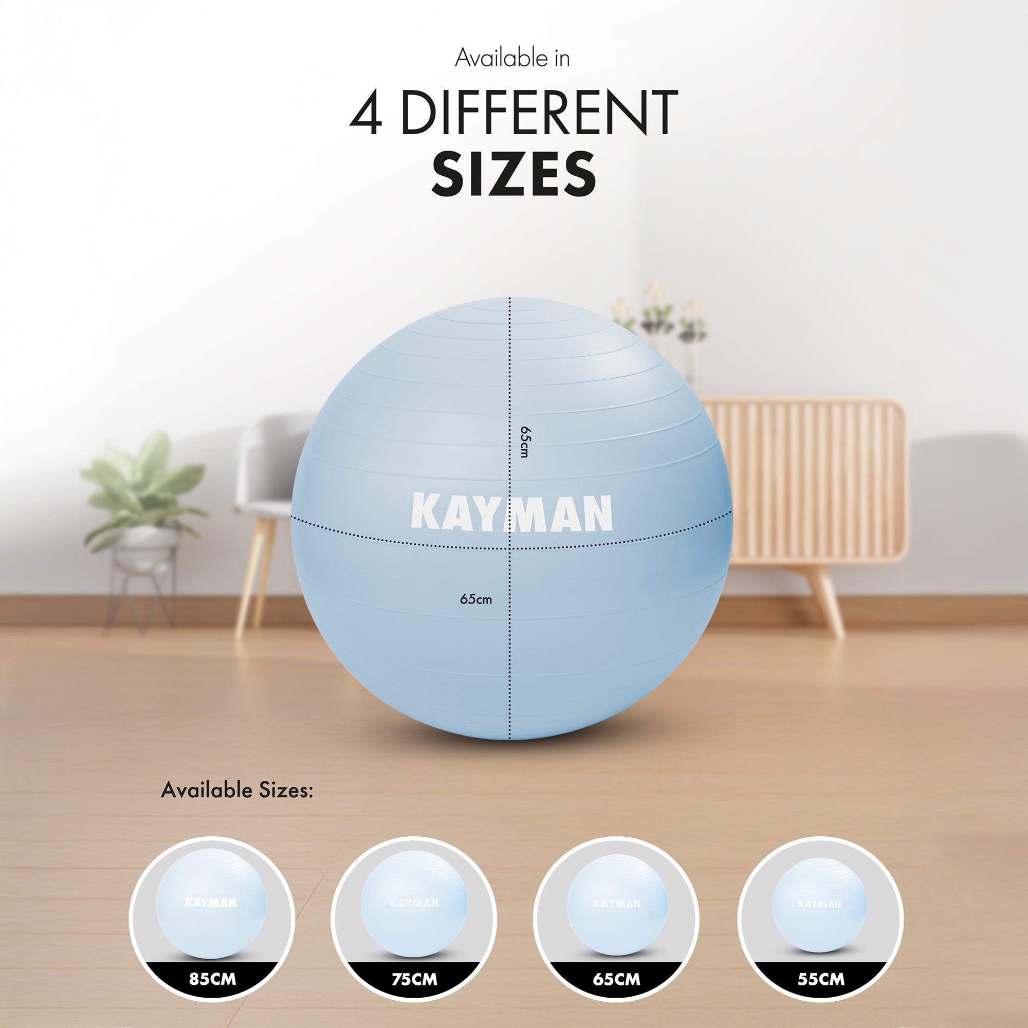 KAYMAN Exercise Ball - Anti-Burst System, Non-Slip Rings, Durable Material, Easy to Inflate, Ideal for Yoga, Pilates, Fitness, Balance Training, Gym, and Home Workouts