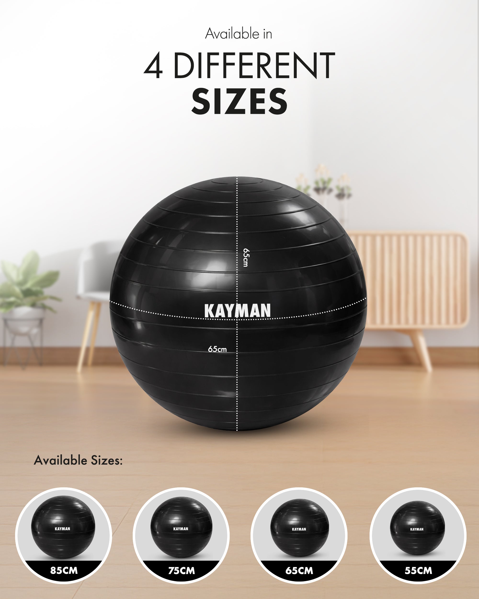 KAYMAN Exercise Ball - Anti-Burst System, Non-Slip Rings, Durable Material, Easy to Inflate, Ideal for Yoga, Pilates, Fitness, Balance Training, Gym, and Home Workouts