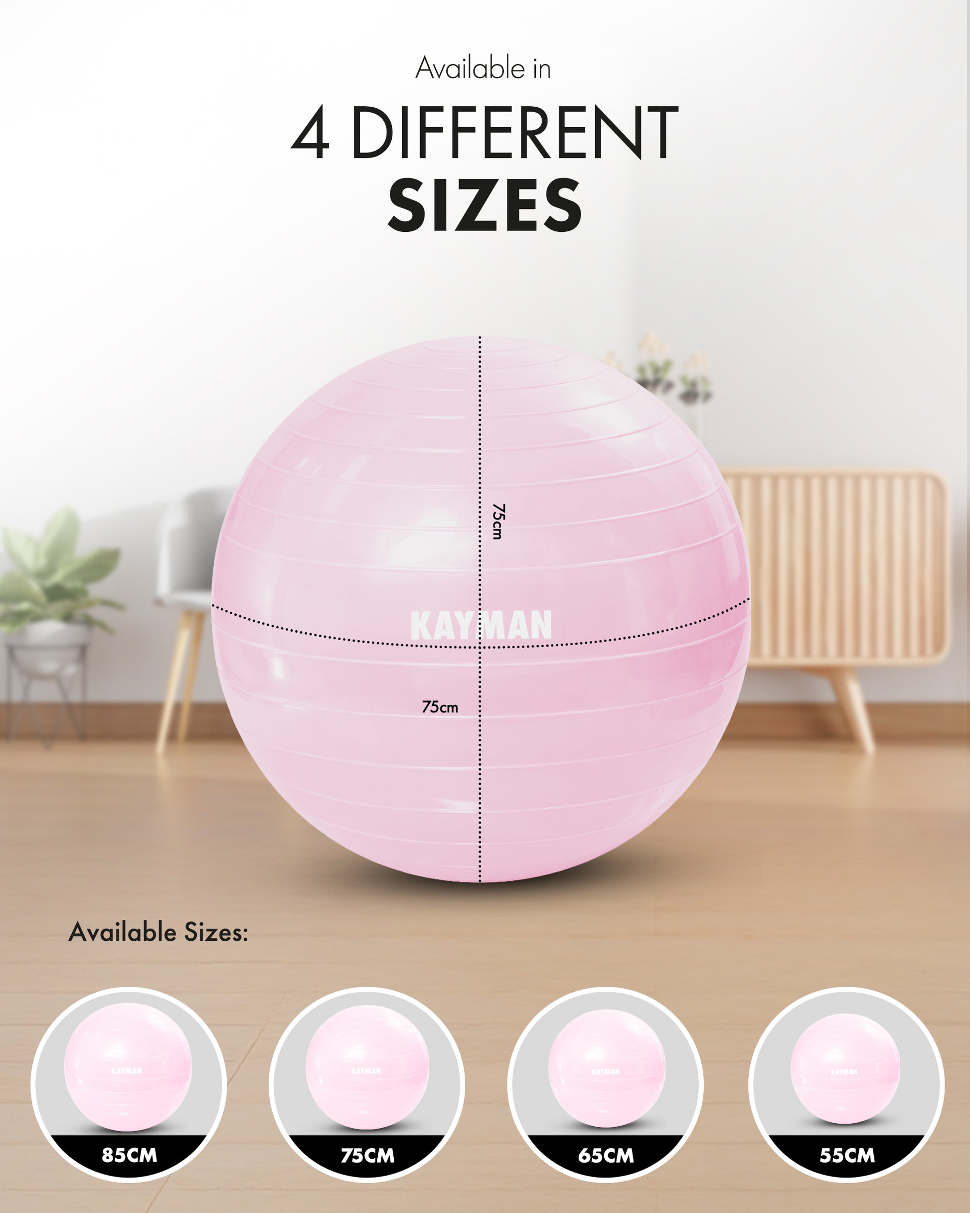 KAYMAN Exercise Ball - Anti-Burst System, Non-Slip Rings, Durable Material, Easy to Inflate, Ideal for Yoga, Pilates, Fitness, Balance Training, Gym, and Home Workouts