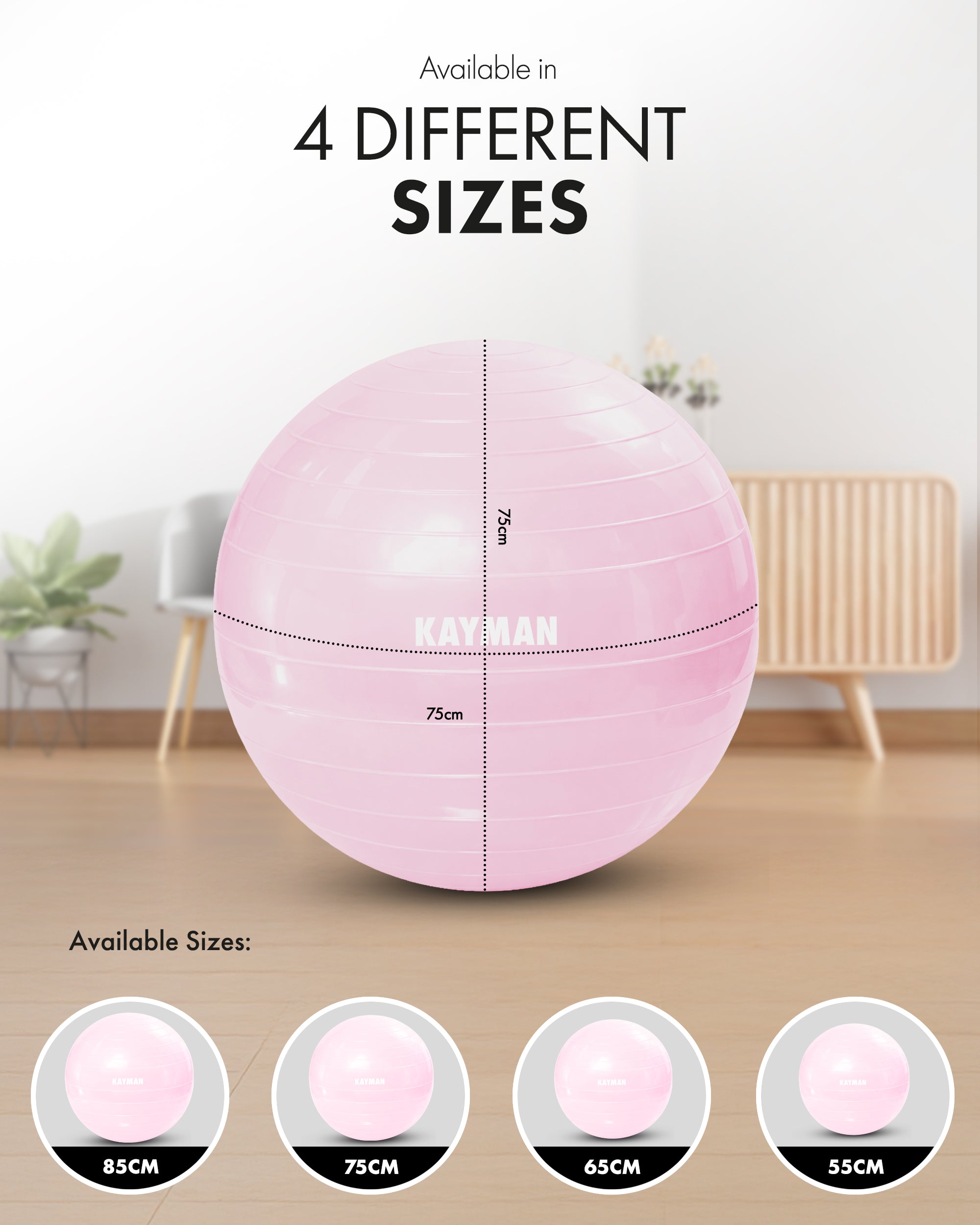 KAYMAN Exercise Ball - Anti-Burst System, Non-Slip Rings, Durable Material, Easy to Inflate, Ideal for Yoga, Pilates, Fitness, Balance Training, Gym, and Home Workouts