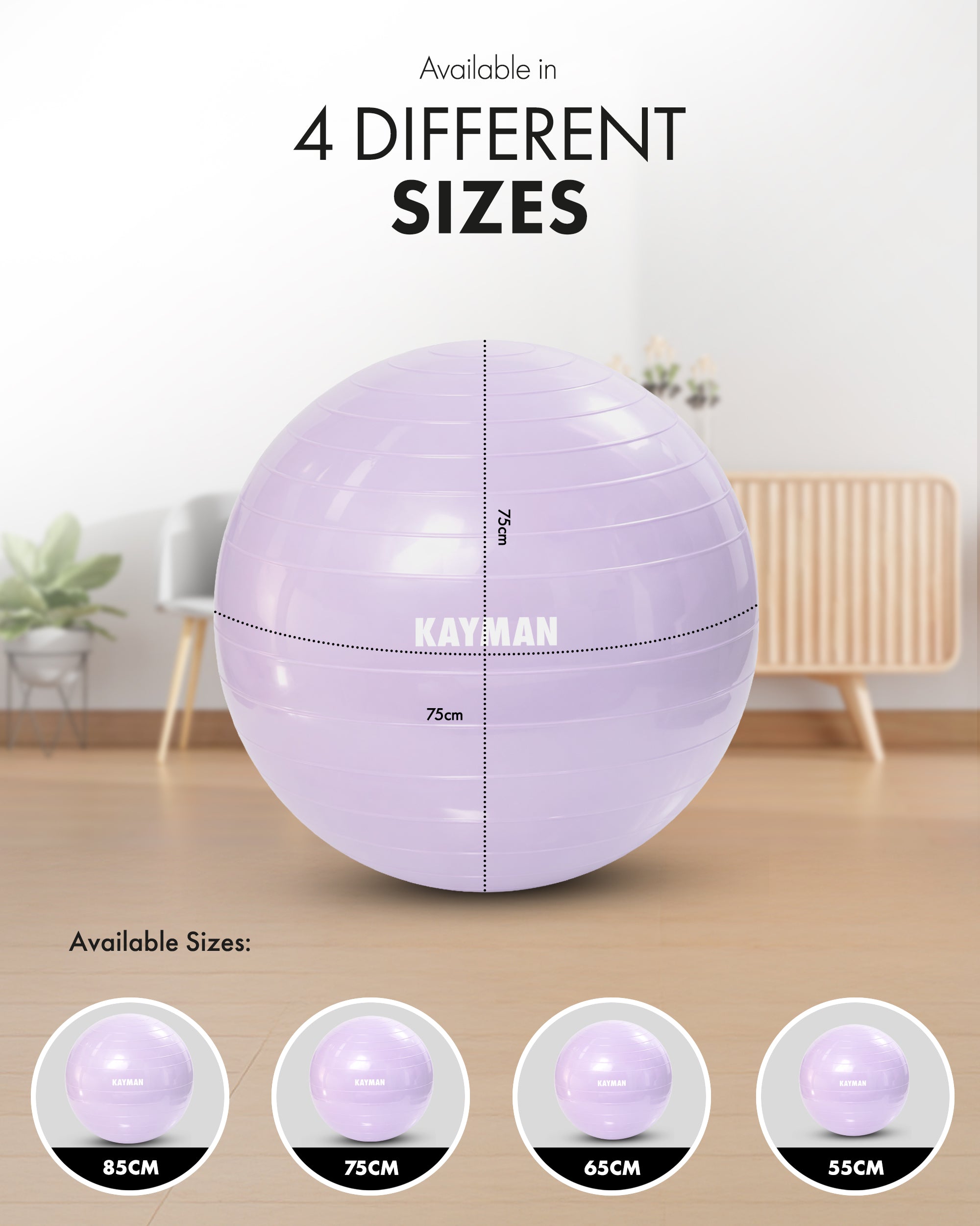 KAYMAN Exercise Ball - Anti-Burst System, Non-Slip Rings, Durable Material, Easy to Inflate, Ideal for Yoga, Pilates, Fitness, Balance Training, Gym, and Home Workouts
