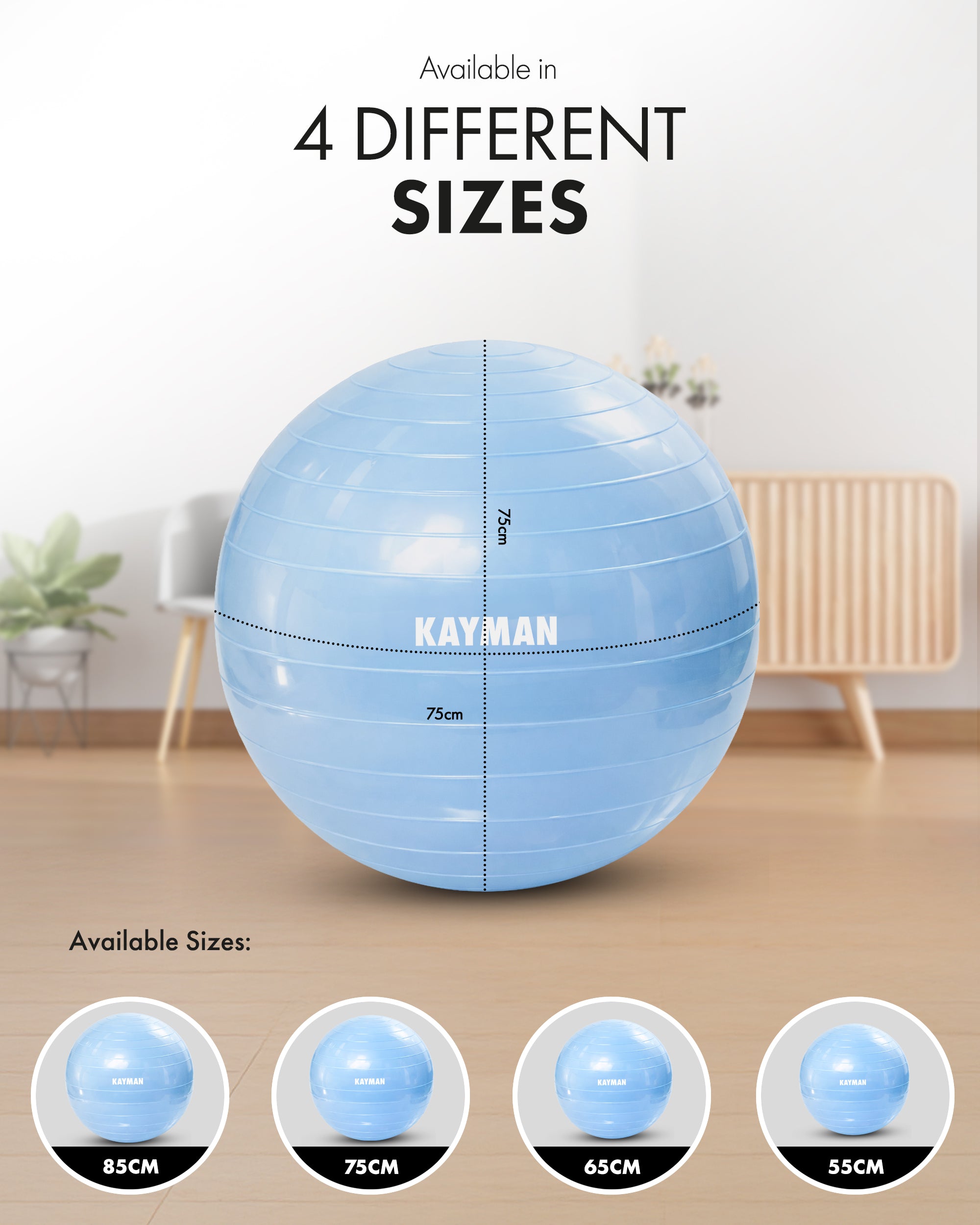 KAYMAN Exercise Ball - Anti-Burst System, Non-Slip Rings, Durable Material, Easy to Inflate, Ideal for Yoga, Pilates, Fitness, Balance Training, Gym, and Home Workouts
