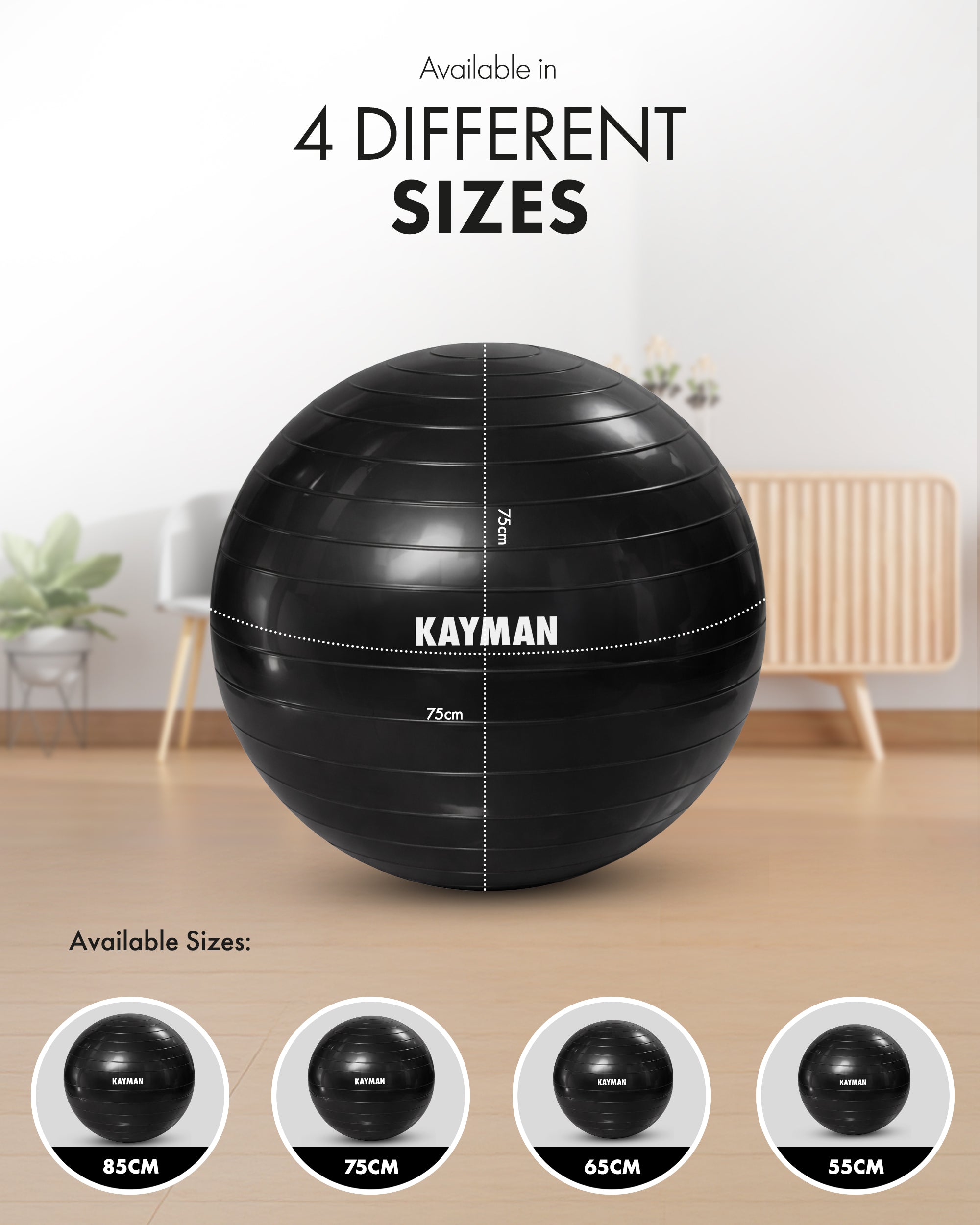 KAYMAN Exercise Ball - Anti-Burst System, Non-Slip Rings, Durable Material, Easy to Inflate, Ideal for Yoga, Pilates, Fitness, Balance Training, Gym, and Home Workouts