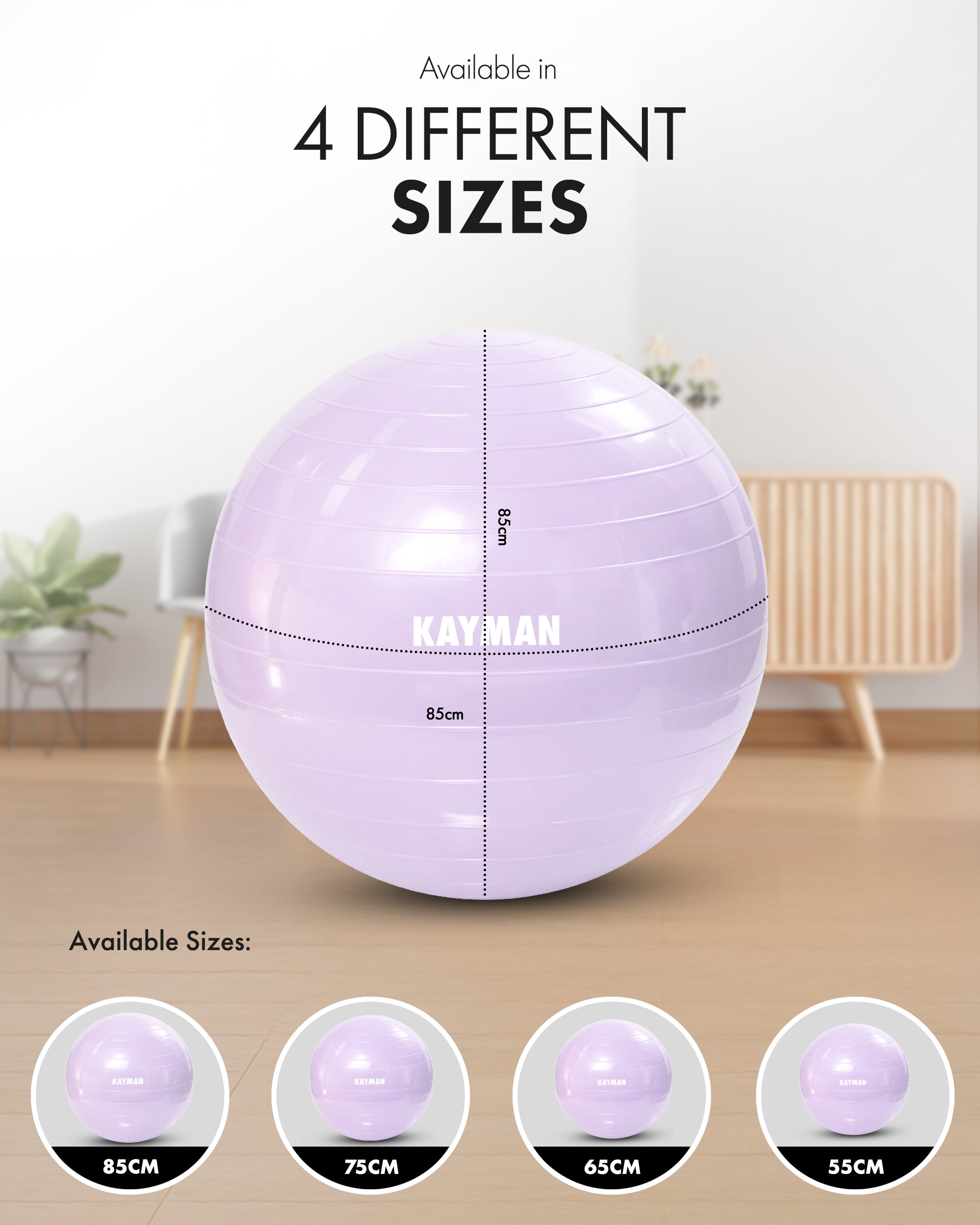 KAYMAN Exercise Ball - Anti-Burst System, Non-Slip Rings, Durable Material, Easy to Inflate, Ideal for Yoga, Pilates, Fitness, Balance Training, Gym, and Home Workouts