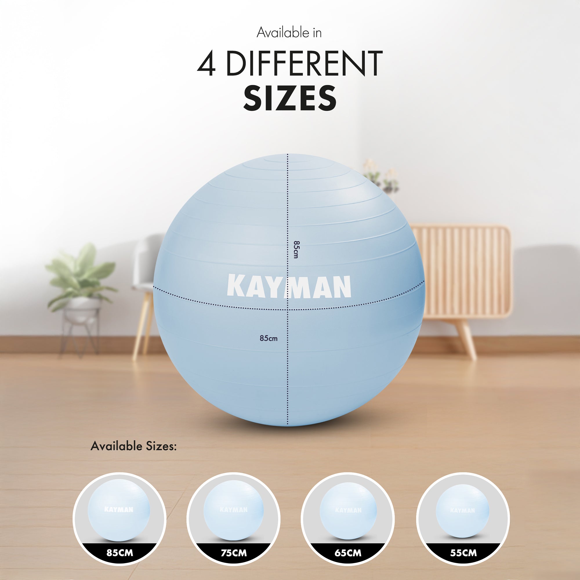 KAYMAN Exercise Ball - Anti-Burst System, Non-Slip Rings, Durable Material, Easy to Inflate, Ideal for Yoga, Pilates, Fitness, Balance Training, Gym, and Home Workouts
