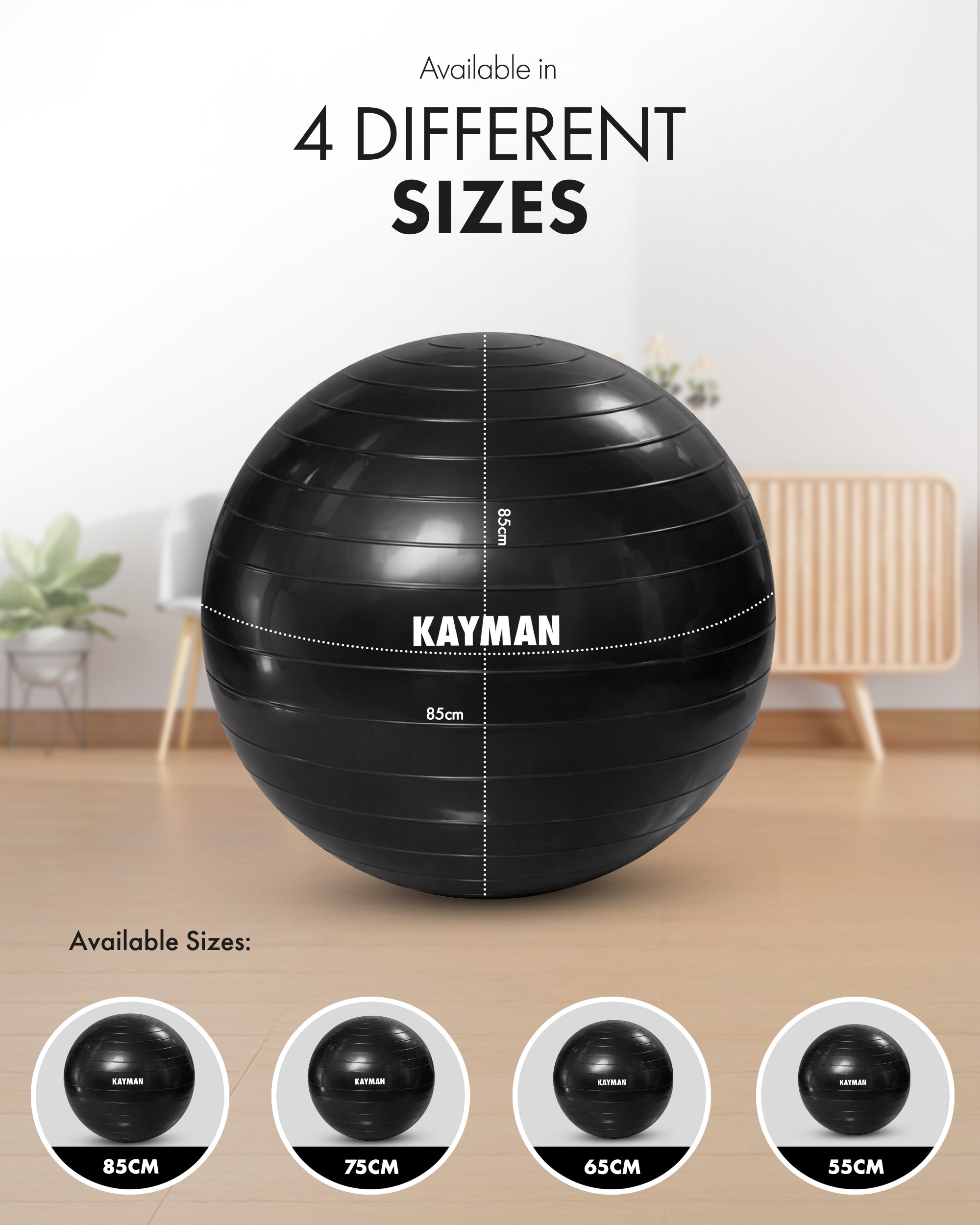 KAYMAN Exercise Ball - Anti-Burst System, Non-Slip Rings, Durable Material, Easy to Inflate, Ideal for Yoga, Pilates, Fitness, Balance Training, Gym, and Home Workouts
