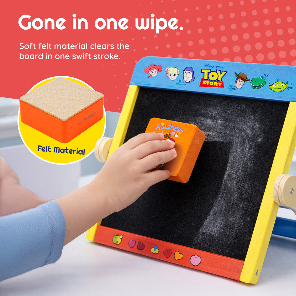 Toy Story freestanding children's chalkboard easel — close-up of Buzz Lightyear artwork