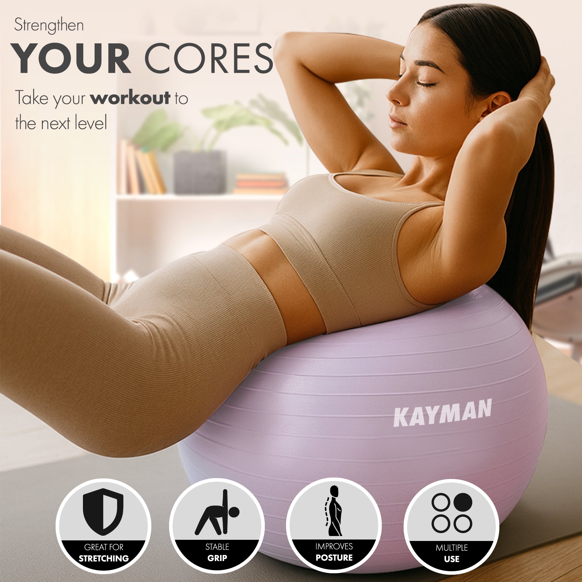 KAYMAN Exercise Ball - Anti-Burst System, Non-Slip Rings, Durable Material, Easy to Inflate, Ideal for Yoga, Pilates, Fitness, Balance Training, Gym, and Home Workouts