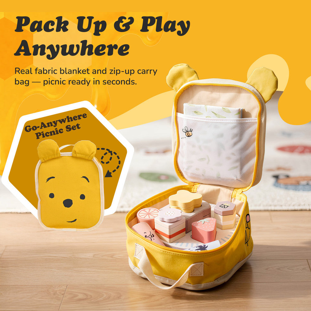 Winnie the Pooh wooden picnic basket toy — contents laid out