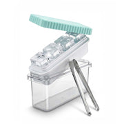Large ice cube tray with teal silicone lid and clear ice bin and steel tongs beside four ice cubes