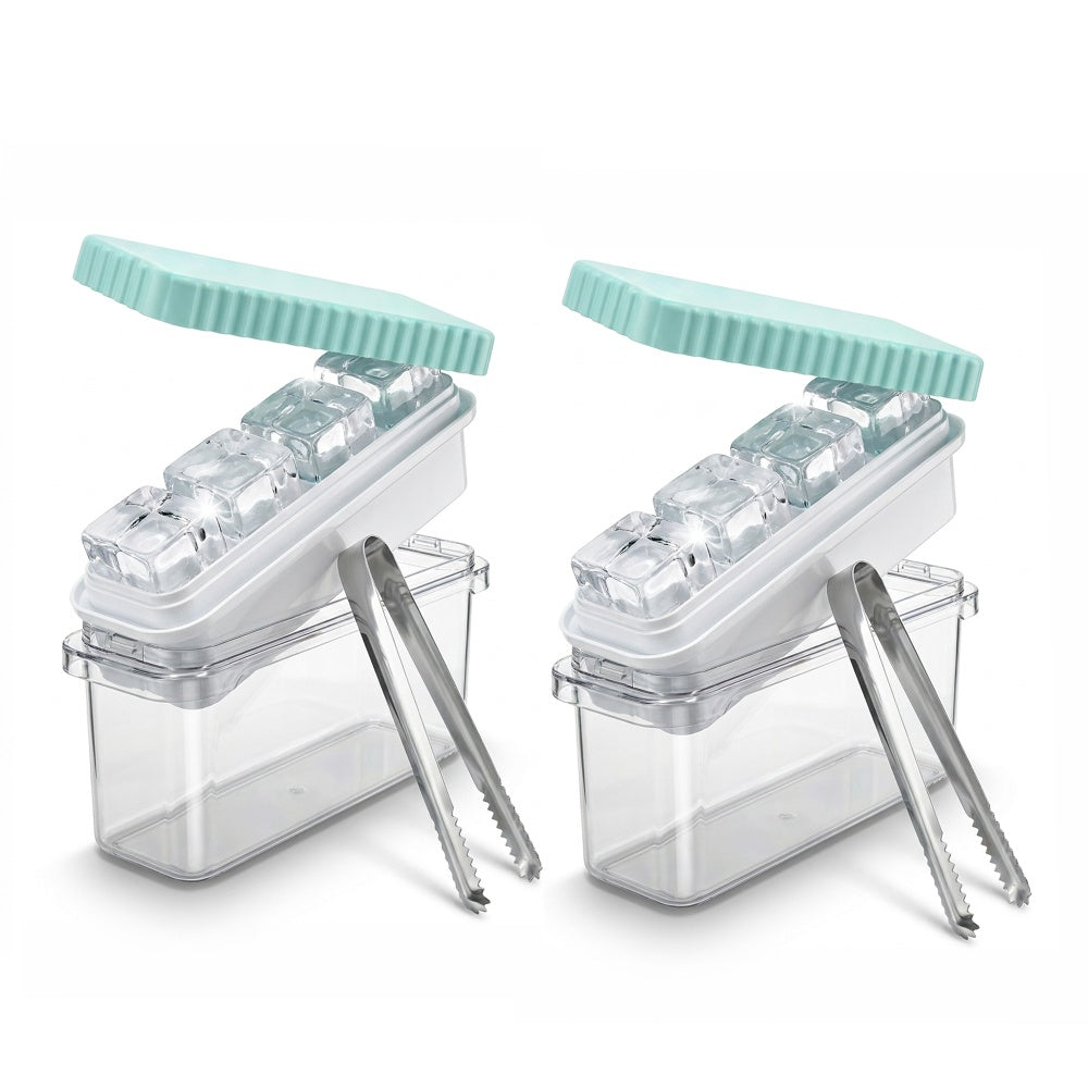 Two sets of large ice cube tray with lid and ice bin and steel tongs for Pack 2