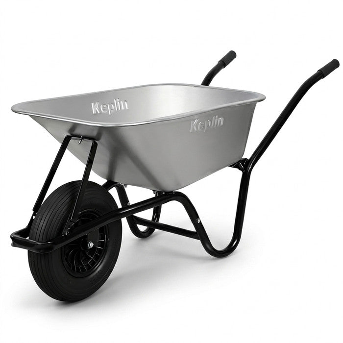 Keplin 85L heavy duty galvanised steel wheelbarrow with pneumatic tyre – garden barrow UK