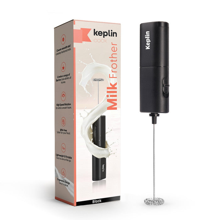 Slim black handheld milk frother with Keplin retail box on white background