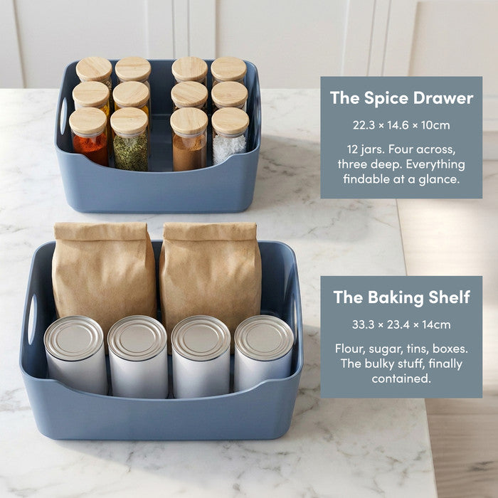 Blue plastic storage baskets in two sizes – spice and baking cupboard organisers