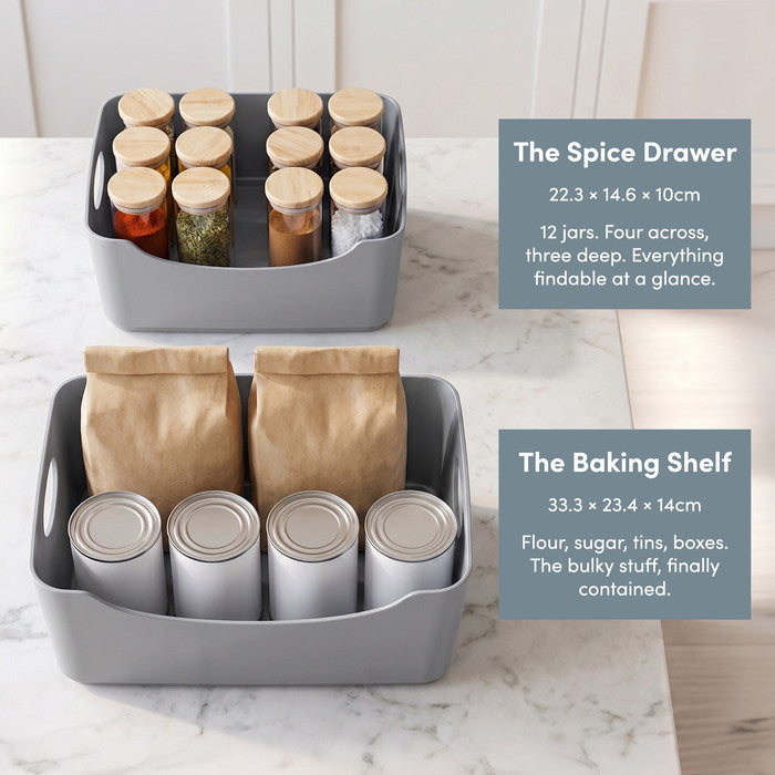 Grey storage baskets, 22.3cm spice and 33.3cm baking kitchen cupboard organisers