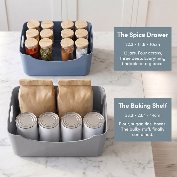 Mixed blue and grey storage baskets – spice drawer and baking shelf organisers
