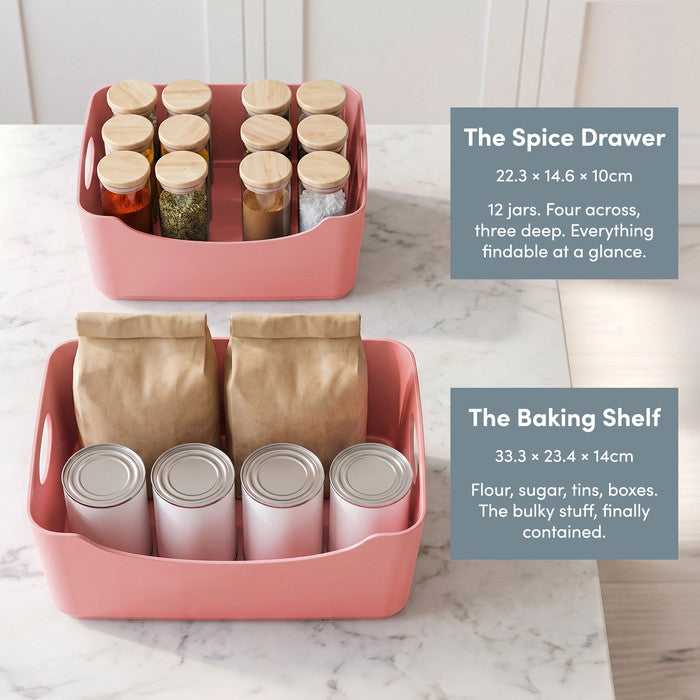 Pink plastic storage baskets small and large – kitchen cupboard organiser set