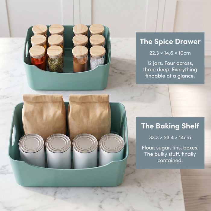 Teal storage baskets for spices, flour bags and tins – kitchen pantry organisers