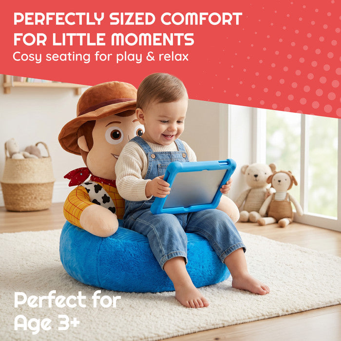 Toddler sitting in Disney Toy Story Woody plush floor chair with tablet – suitable for age 3 and above