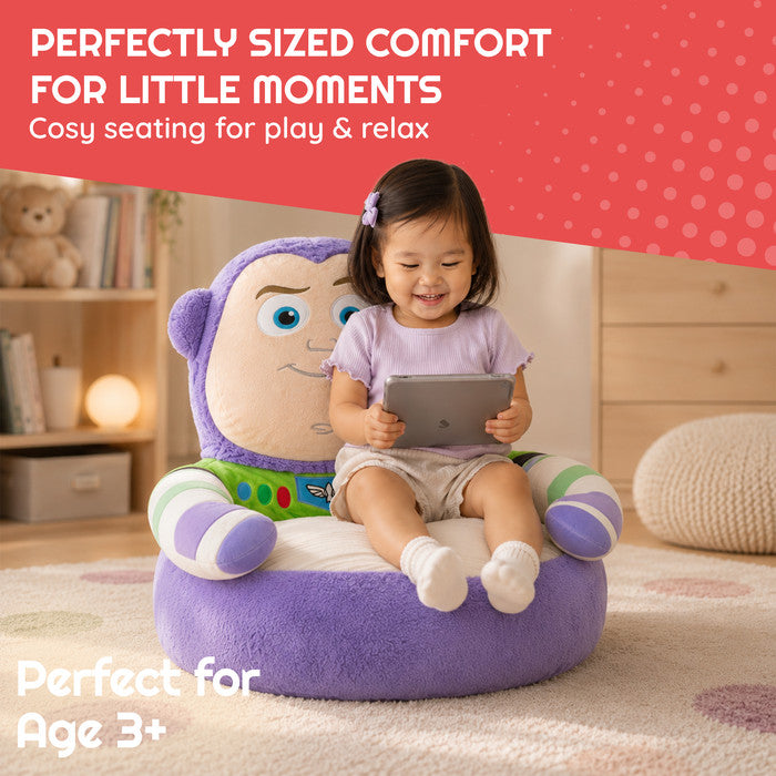 Toddler girl sitting in Disney Buzz Lightyear plush floor chair with tablet – suitable for age 3 and above