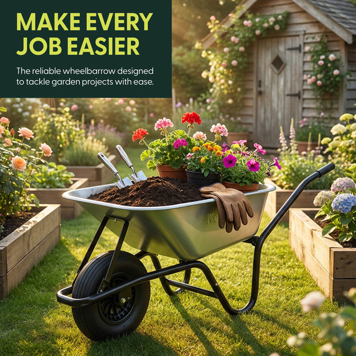 85L garden wheelbarrow with soil and plants – heavy duty steel barrow for allotment UK
