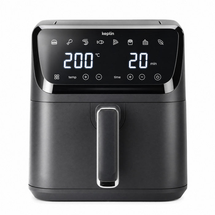 Digital air fryer 4.5L black with touchscreen display showing 200°C, 8 preset icons