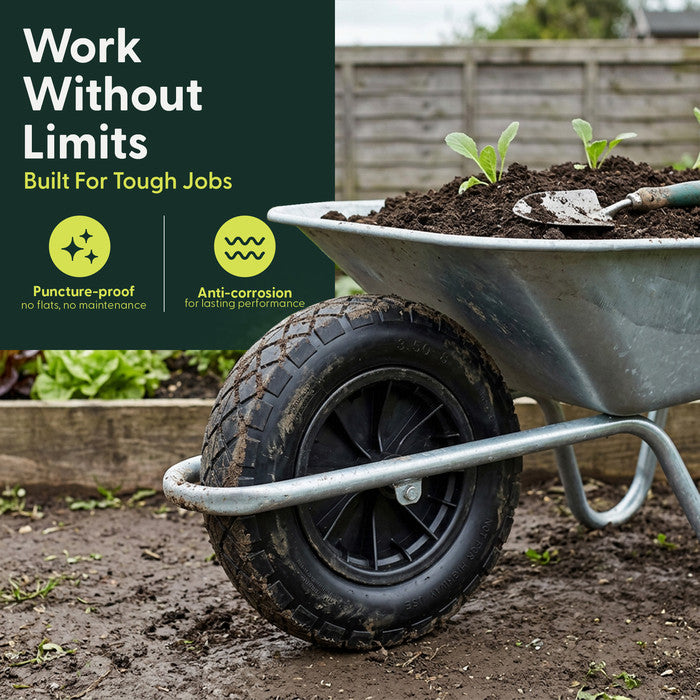 Keplin puncture proof wheelbarrow wheel fitted to a barrow in raised bed garden 