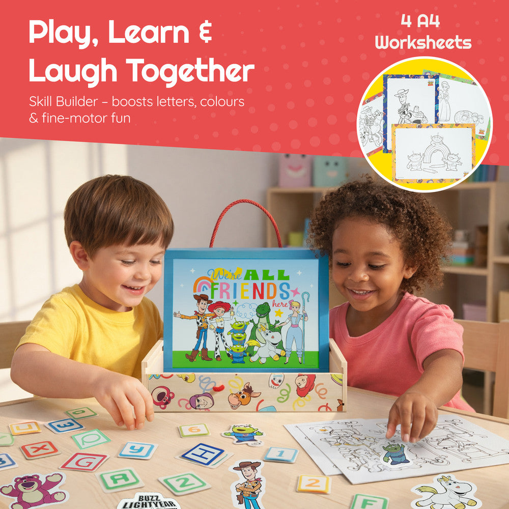 Toy Story magnetic drawing board and activity set — box open showing contents