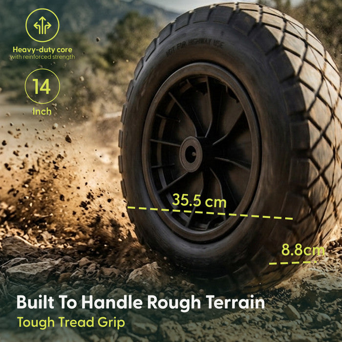 14" wheelbarrow wheel dimensions - 35.5cm diameter, 8.8cm tyre width, 3.50-8 fit 