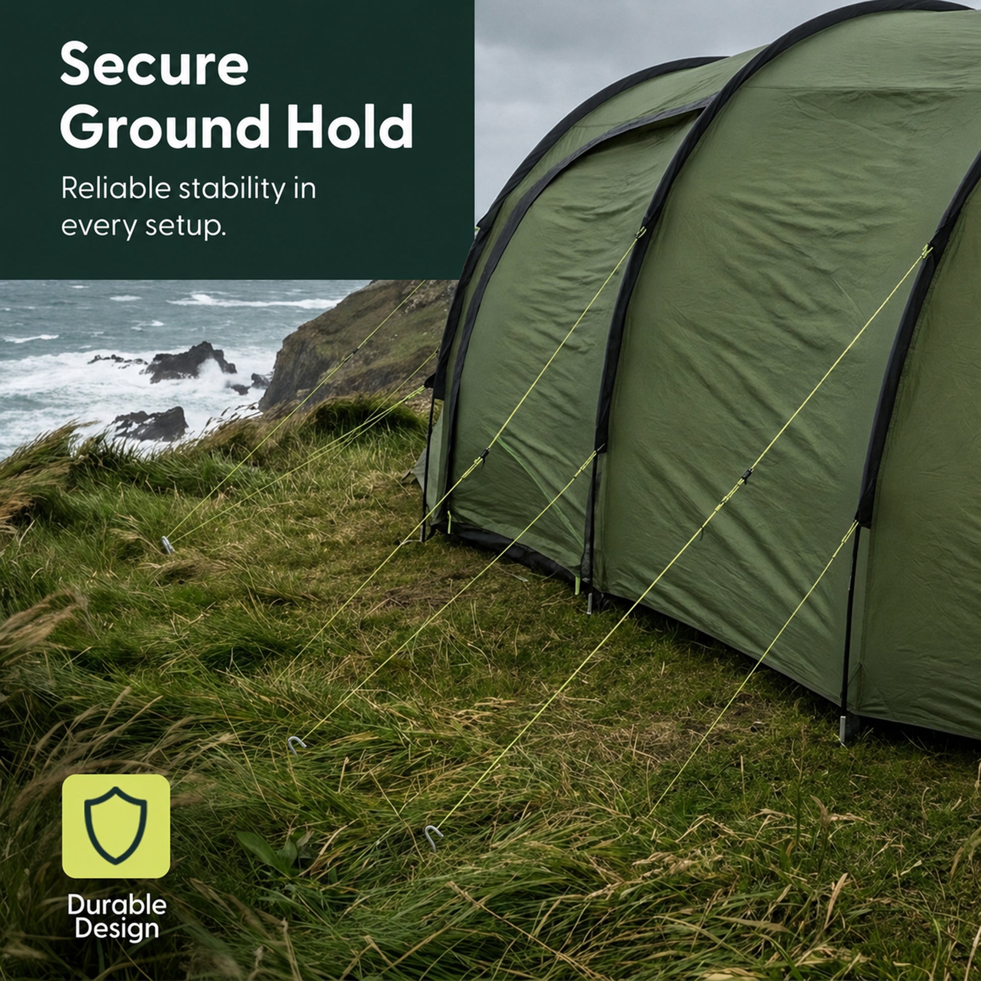 Green tent pitched on grass with steel tent pegs securing the guy lines outdoors