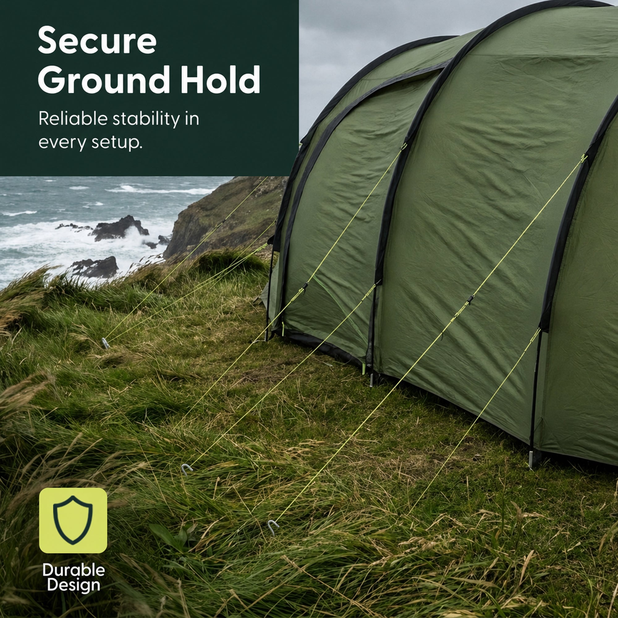Green tent pitched on grass with steel tent pegs securing the guy lines outdoors