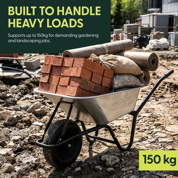 Heavy duty wheelbarrow 150kg capacity – steel barrow for bricks and construction materials UK
