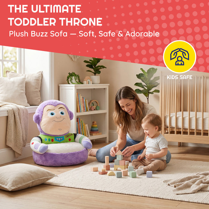 Mother and toddler playing beside Disney Buzz Lightyear kids plush sofa chair in nursery – child-safe design