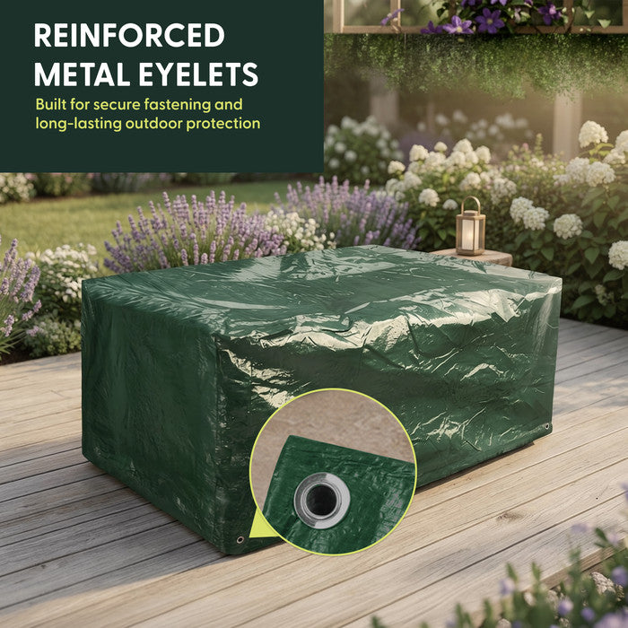 Waterproof patio furniture cover with windproof brass eyelets and adjustable tie cords