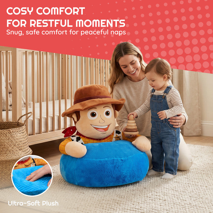 Mother and toddler with Disney Woody character plush sofa chair in nursery – ultra-soft padded kids seat