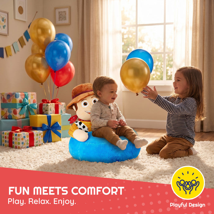 Two children with Disney Toy Story Woody kids plush floor chair at a party – fun character seating for children