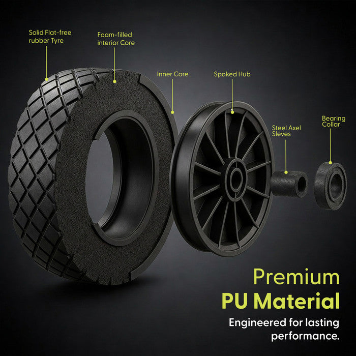 Exploded view of Keplin wheelbarrow wheel - solid tyre, foam core, steel hub and axle sleeves 