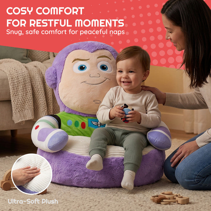 Mother with toddler sitting in Toy Story Buzz Lightyear plush floor chair – ultra-soft padded kids seat