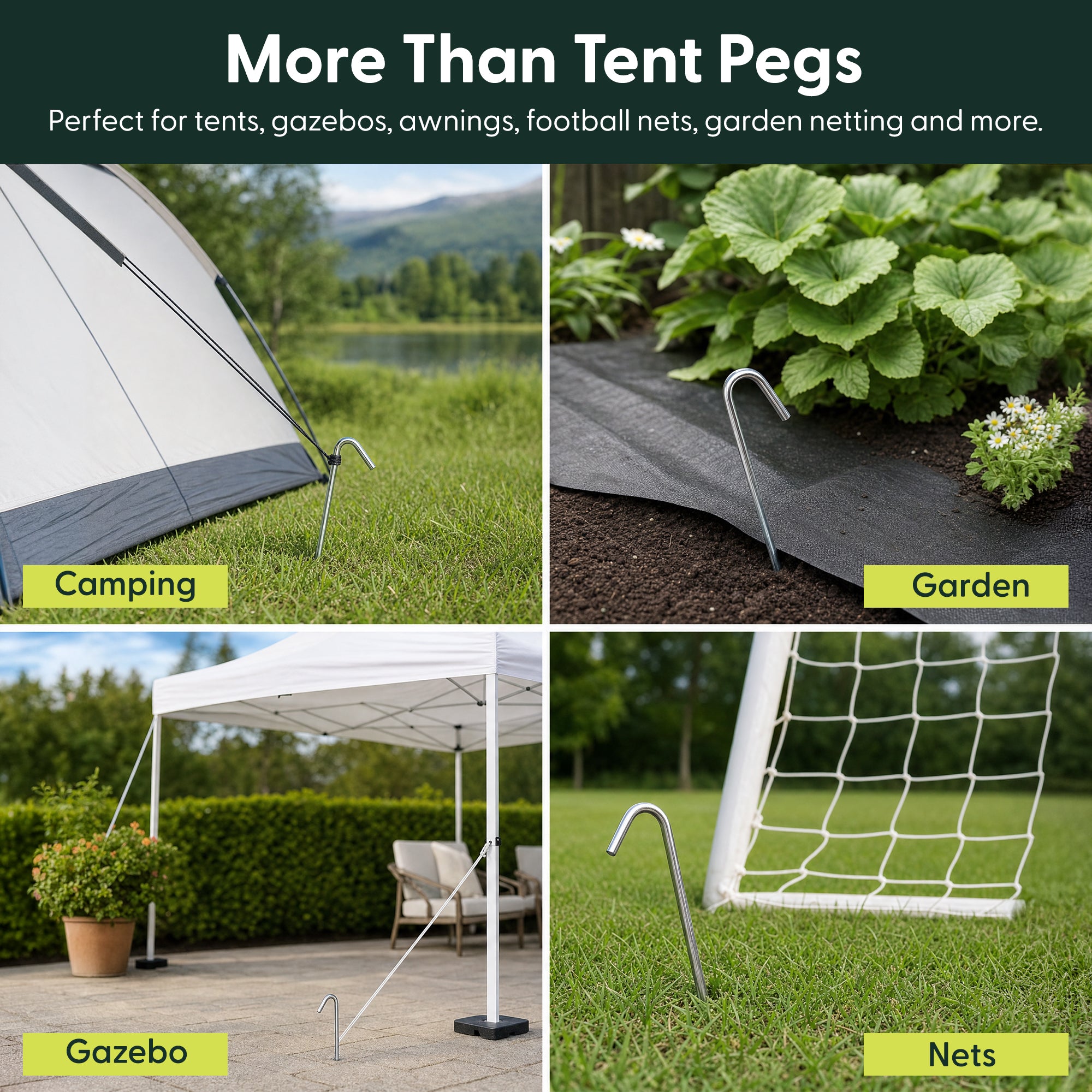 Steel tent pegs used for camping, garden netting, gazebos and football goal nets