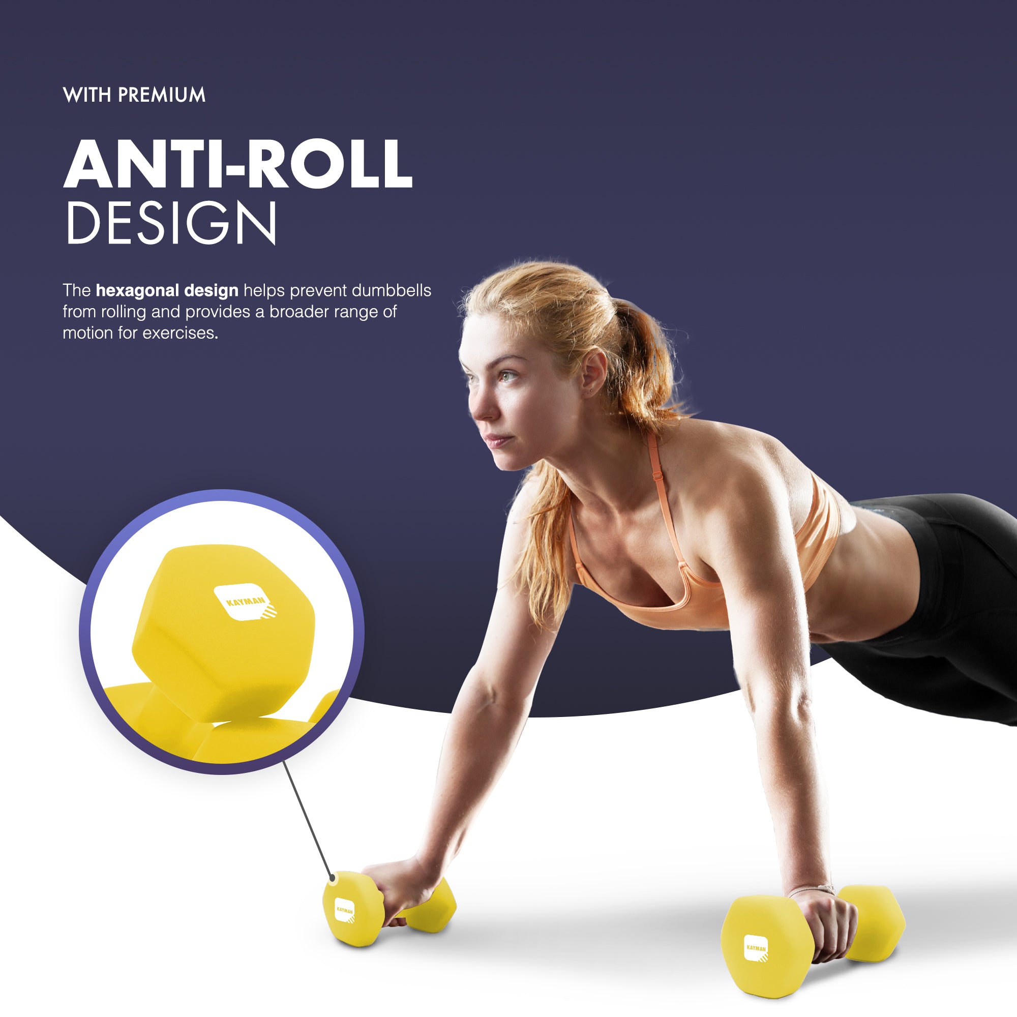 KAYMAN Neoprene Dumbbell Pair with Anti-Slip Grip, Hex Edges, Water-Resistant Surface & Workout Poster Guide - Weight Set for Home, Gym & Fitness Training Equipment (1kg 2kg 3kg 4kg 5kg 6kg 8kg 10kg)