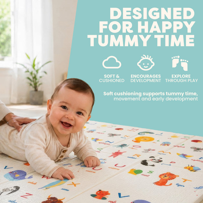 Baby on foam play mat style 2 – large soft reversible playmat for tummy time and crawling