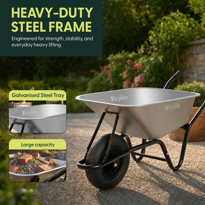 Heavy duty steel frame garden wheelbarrow – galvanised 85L tray, large capacity UK
