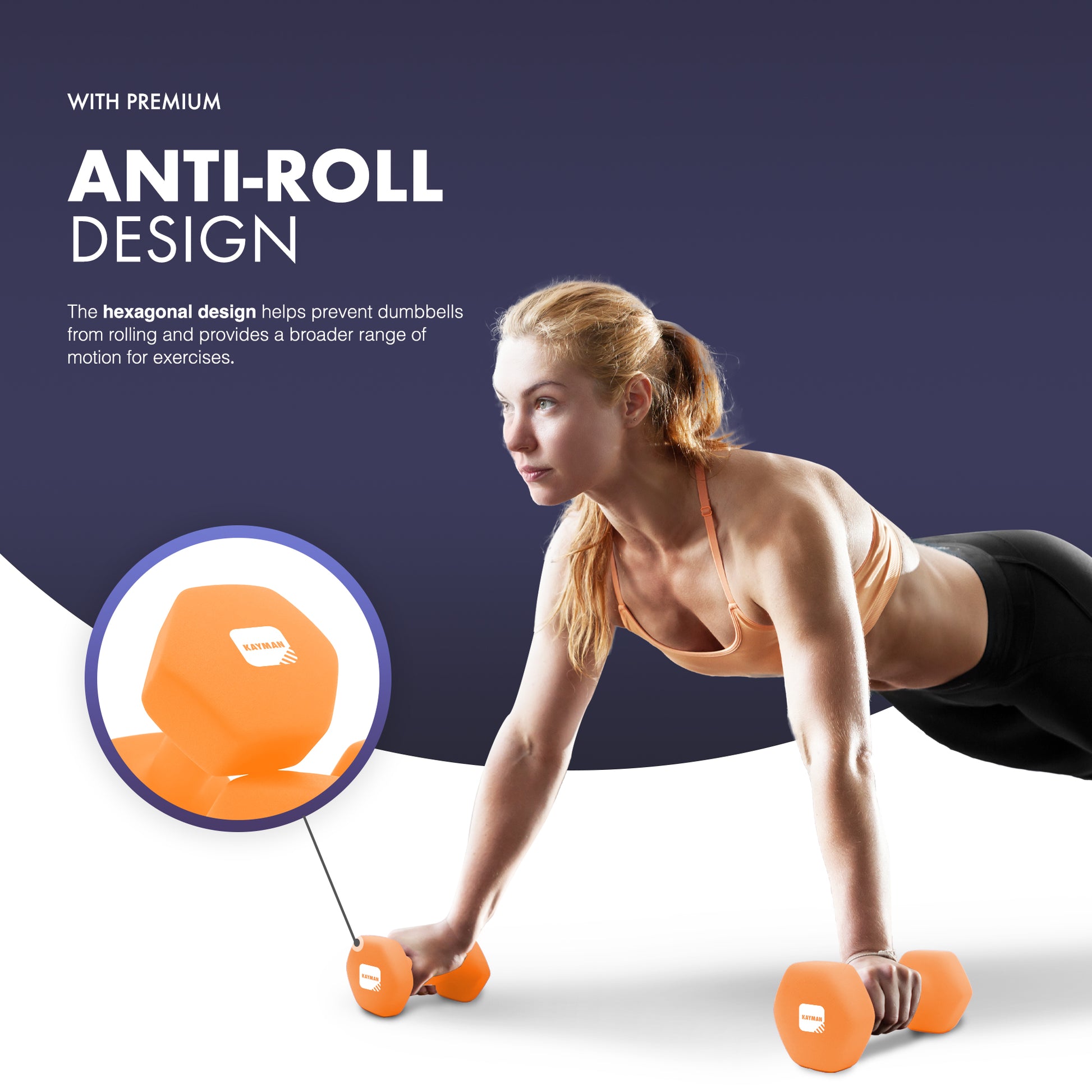 KAYMAN Neoprene Dumbbell Pair with Anti-Slip Grip, Hex Edges, Water-Resistant Surface & Workout Poster Guide - Weight Set for Home, Gym & Fitness Training Equipment (1kg 2kg 3kg 4kg 5kg 6kg 7kg 8kg 9kg 10kg)