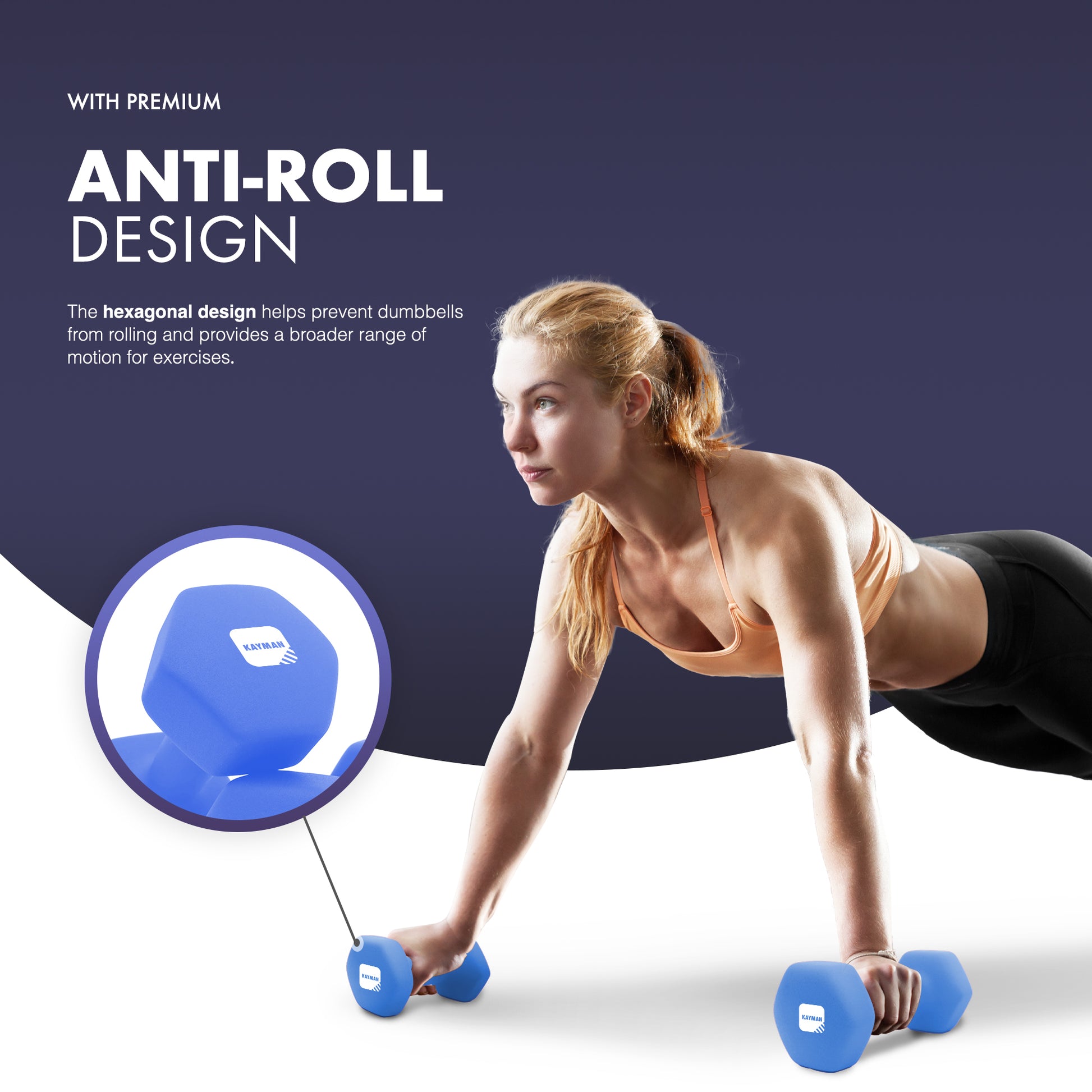 KAYMAN Neoprene Dumbbell Pair with Anti-Slip Grip, Hex Edges, Water-Resistant Surface & Workout Poster Guide - Weight Set for Home, Gym & Fitness Training Equipment (1kg 2kg 3kg 4kg 5kg 6kg 7kg 8kg 9kg 10kg)