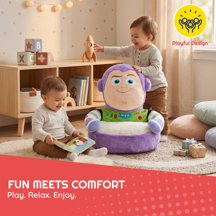 Two toddlers in playroom with Disney Buzz Lightyear character plush floor chair – fun and comfortable