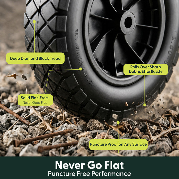 Puncture proof tread rolling over gravel and nails - flat-free wheelbarrow wheel 