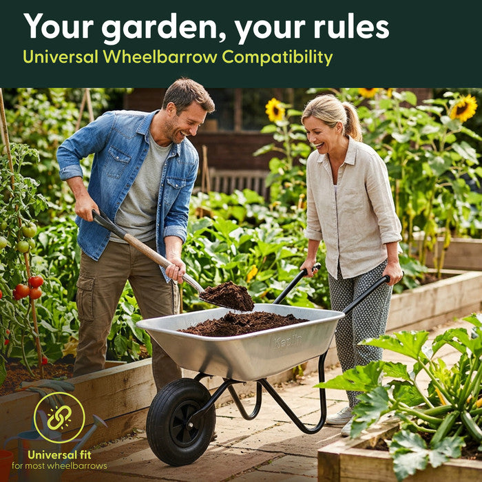 Wheelbarrow fitted with Keplin puncture proof replacement wheel in the garden 